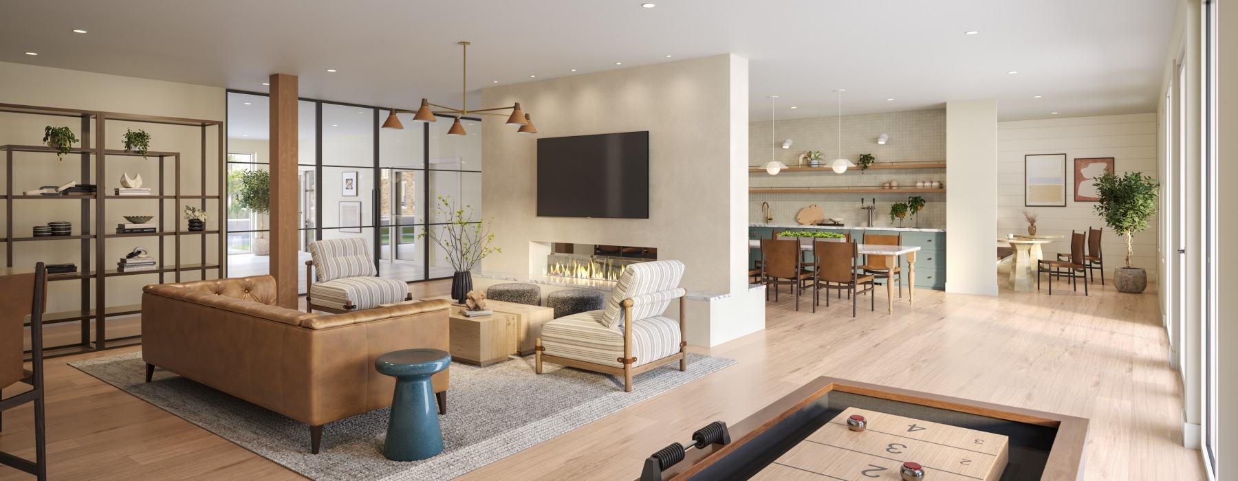 Resident Lounge with Shuffle Board and an Enteratining Kitchen