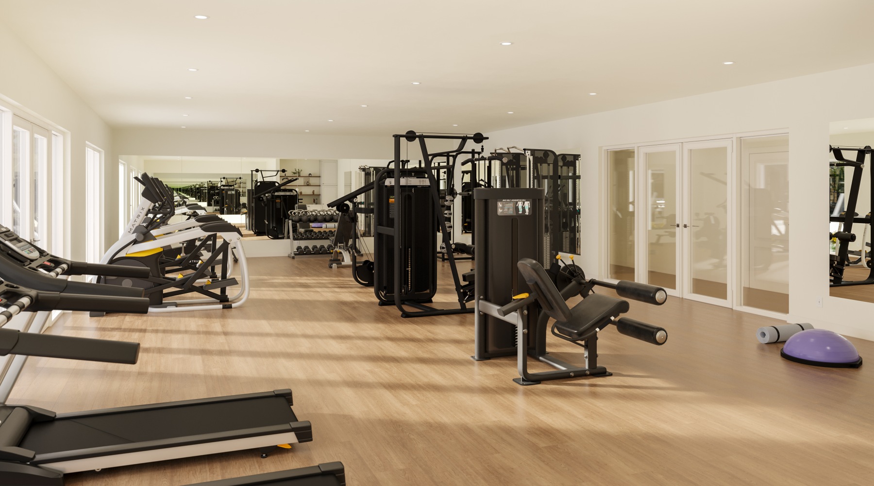 24 Hour Fitness Center with Free Weights, Treadmills, more equipment