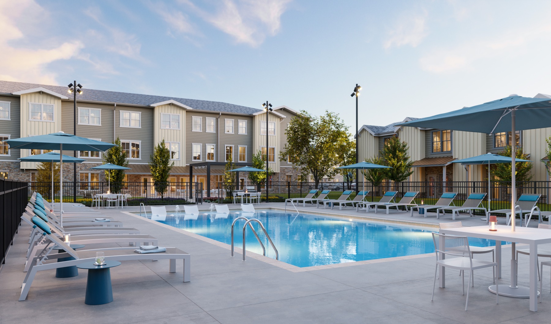 Community Pool with Tanning loungers, and outdoor seating