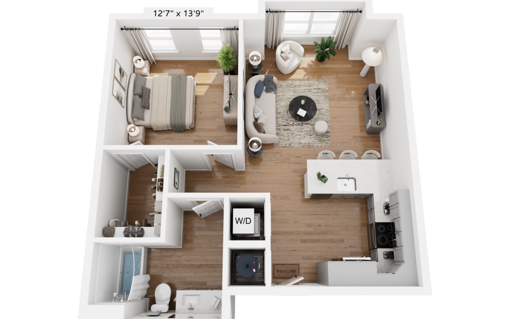 A2 - 1 bedroom floorplan layout with 1 bathroom and 714 - 734 square feet