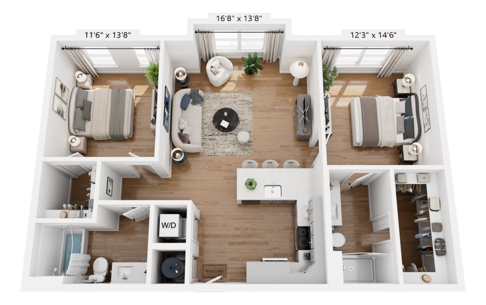 B1 - 2 bedroom floorplan layout with 2 bathrooms and 992 - 1012 square feet