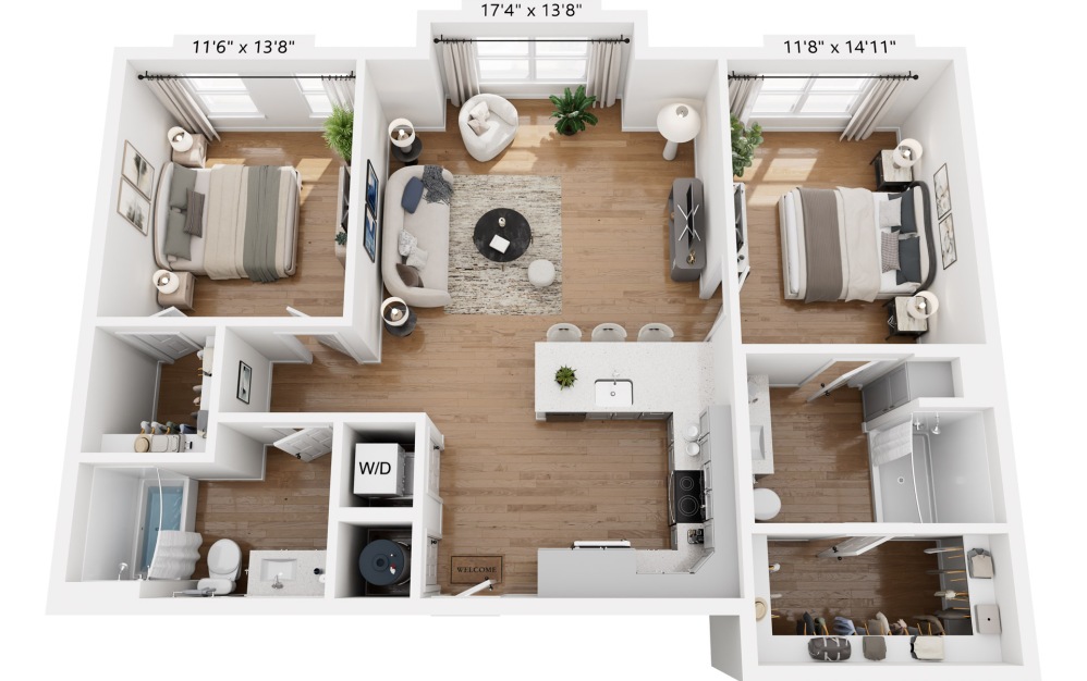 B2 - 2 bedroom floorplan layout with 2 bathrooms and 1020 - 1040 square feet