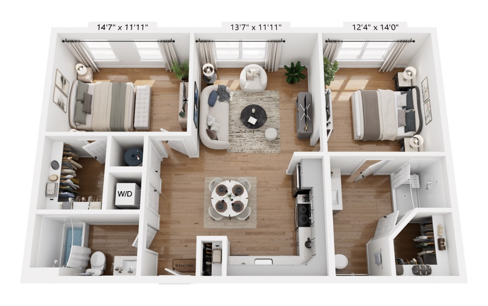 B3 - 2 bedroom floorplan layout with 2 bathrooms and 992 square feet
