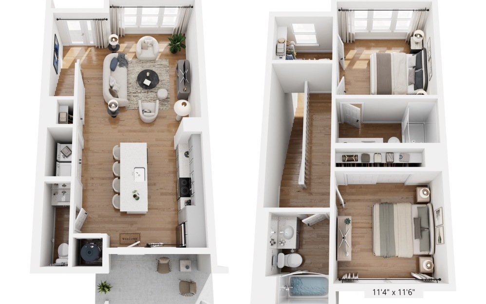TH - 2 bedroom floorplan layout with 2.5 bathrooms and 1114 square feet